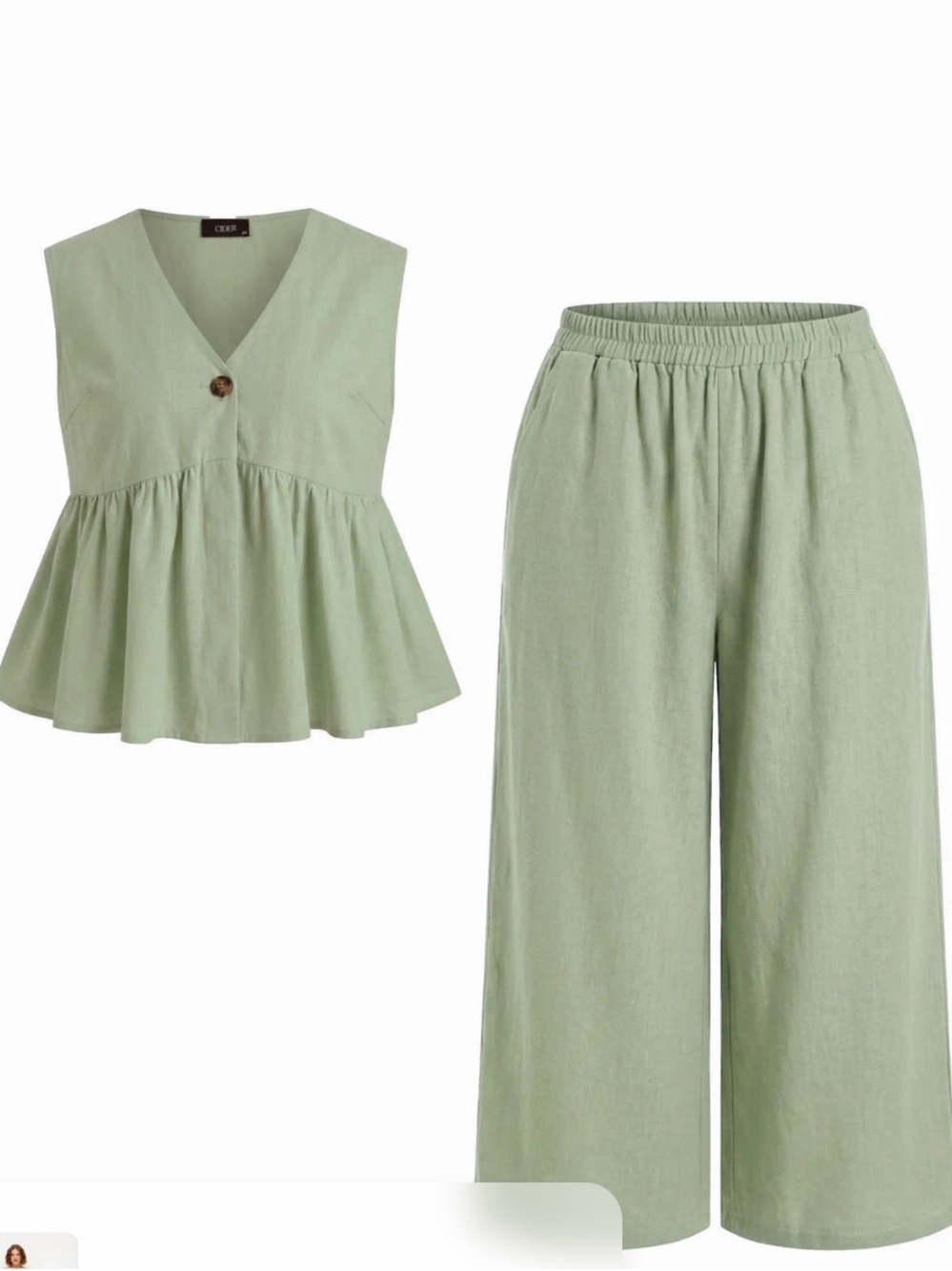 NWT ciderLight Green Linen Blend Two-Piece Set - Sleeveless Top & Wide-Leg Pants
